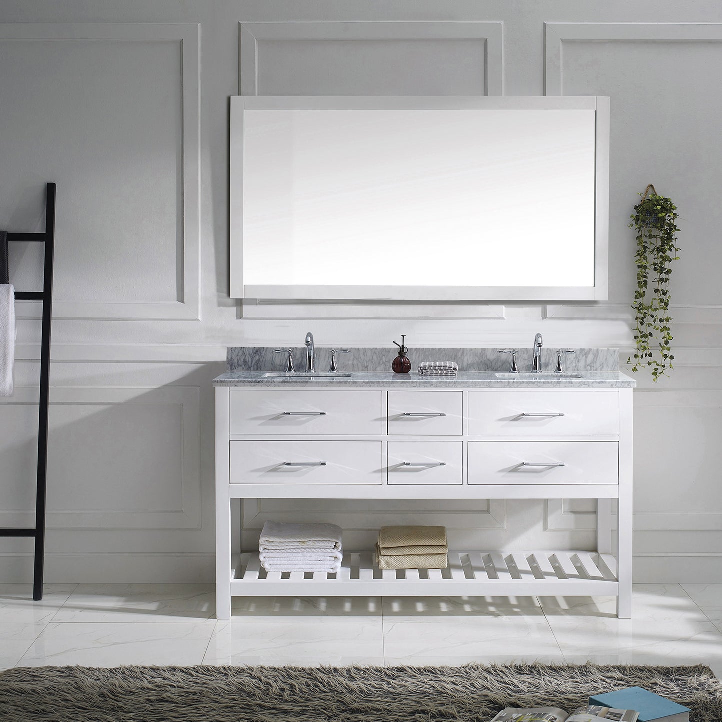 Virtu USA Caroline Estate 60" Double Bath Vanity with Marble Top and Square Sink with Polished Chrome Faucet and Mirror - Luxe Bathroom Vanities Luxury Bathroom Fixtures Bathroom Furniture