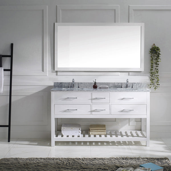 Virtu USA Caroline Estate 60" Double Bath Vanity with Marble Top and Square Sink with Polished Chrome Faucet and Mirror - Luxe Bathroom Vanities Luxury Bathroom Fixtures Bathroom Furniture