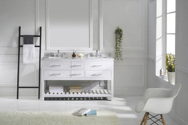 Virtu USA Caroline Estate 60" Double Bath Vanity in White with Marble Top and Square Sink with Brushed Nickel Faucet - Luxe Bathroom Vanities
