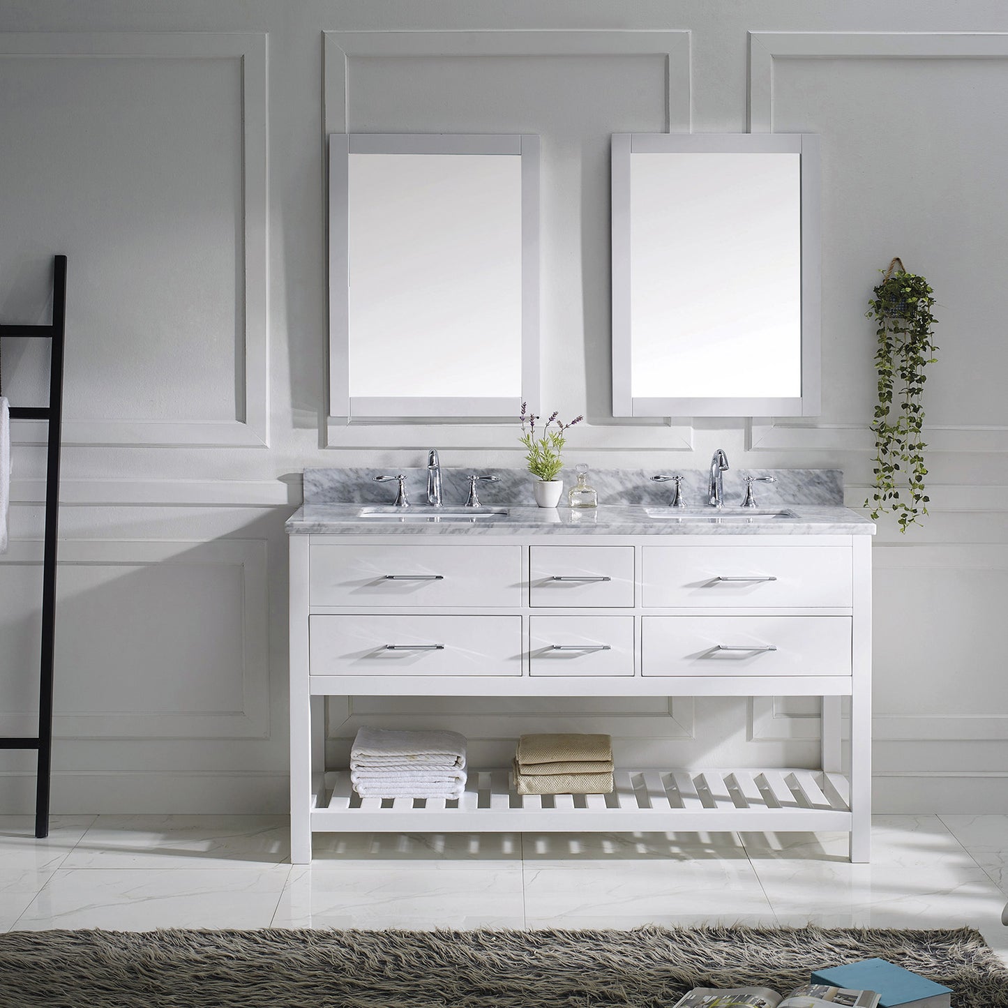 Virtu USA Caroline Estate 60" Double Bath Vanity with Marble Top and Square Sink with Polished Chrome Faucet and Mirrors - Luxe Bathroom Vanities