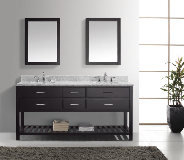 Virtu USA Caroline Estate 72" Double Bath Vanity with Marble Top and Square Sink with Brushed Nickel Faucet and Mirrors - Luxe Bathroom Vanities Luxury Bathroom Fixtures Bathroom Furniture