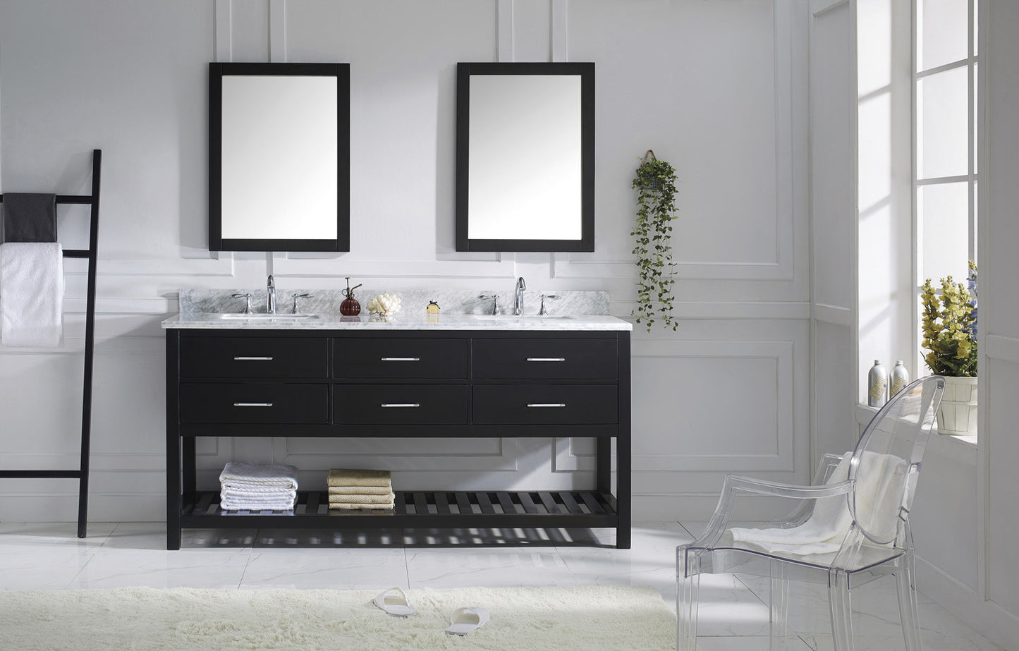 Virtu USA Caroline Estate 72" Double Bath Vanity with Marble Top and Square Sink with Polished Chrome Faucet and Mirrors - Luxe Bathroom Vanities Luxury Bathroom Fixtures Bathroom Furniture