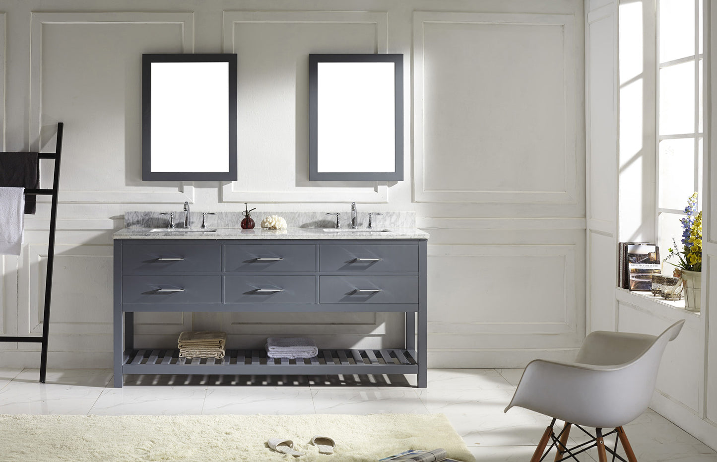 Virtu USA Caroline Estate 72" Double Bath Vanity with Marble Top and Square Sink with Polished Chrome Faucet and Mirrors - Luxe Bathroom Vanities Luxury Bathroom Fixtures Bathroom Furniture