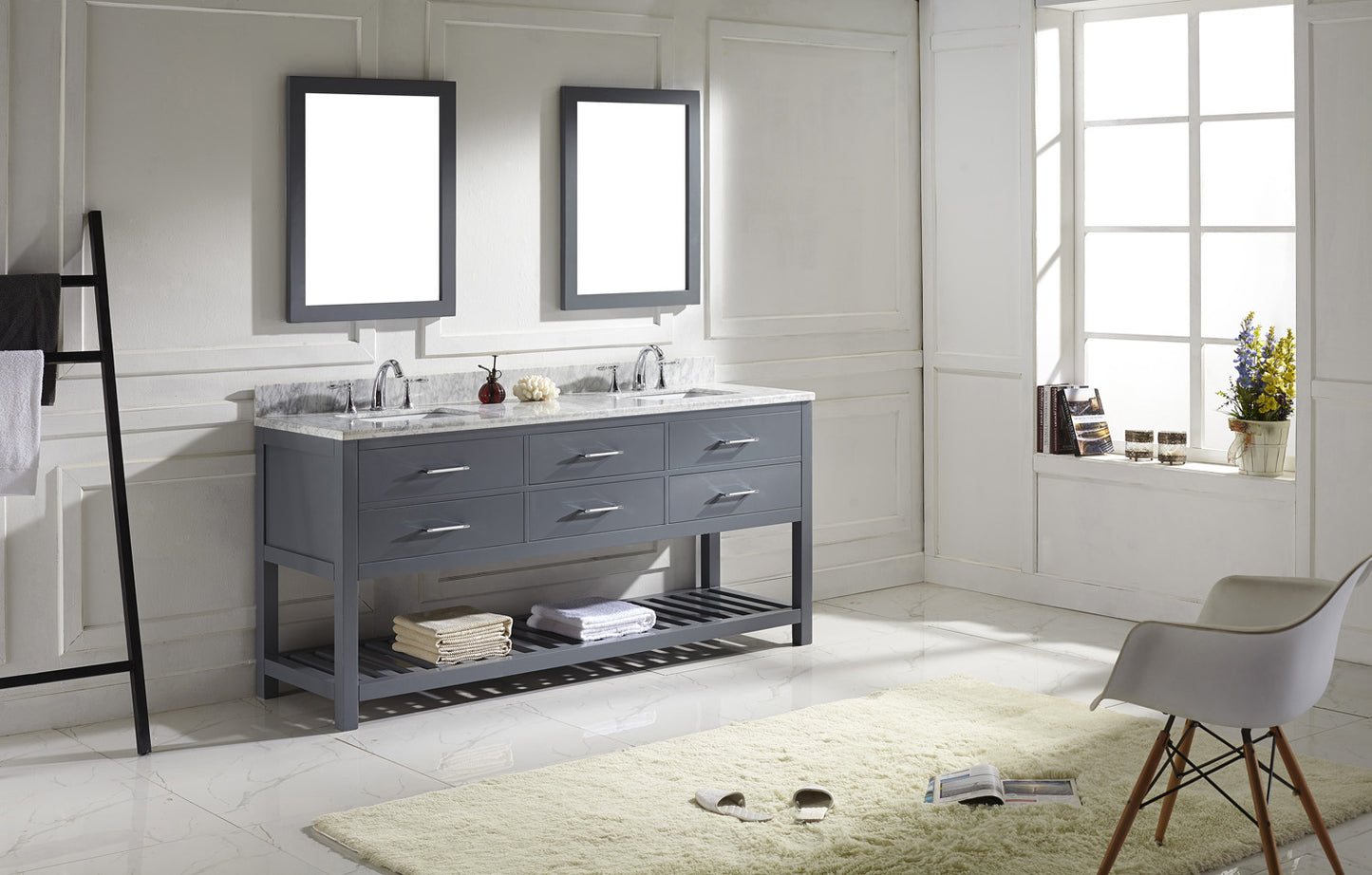 Virtu USA Caroline Estate 72" Double Bath Vanity with Marble Top and Square Sink with Polished Chrome Faucet and Mirrors - Luxe Bathroom Vanities Luxury Bathroom Fixtures Bathroom Furniture