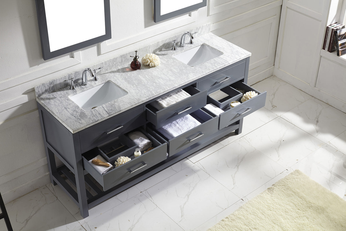 Virtu USA Caroline Estate 72" Double Bath Vanity with Marble Top and Square Sink with Polished Chrome Faucet and Mirrors - Luxe Bathroom Vanities Luxury Bathroom Fixtures Bathroom Furniture