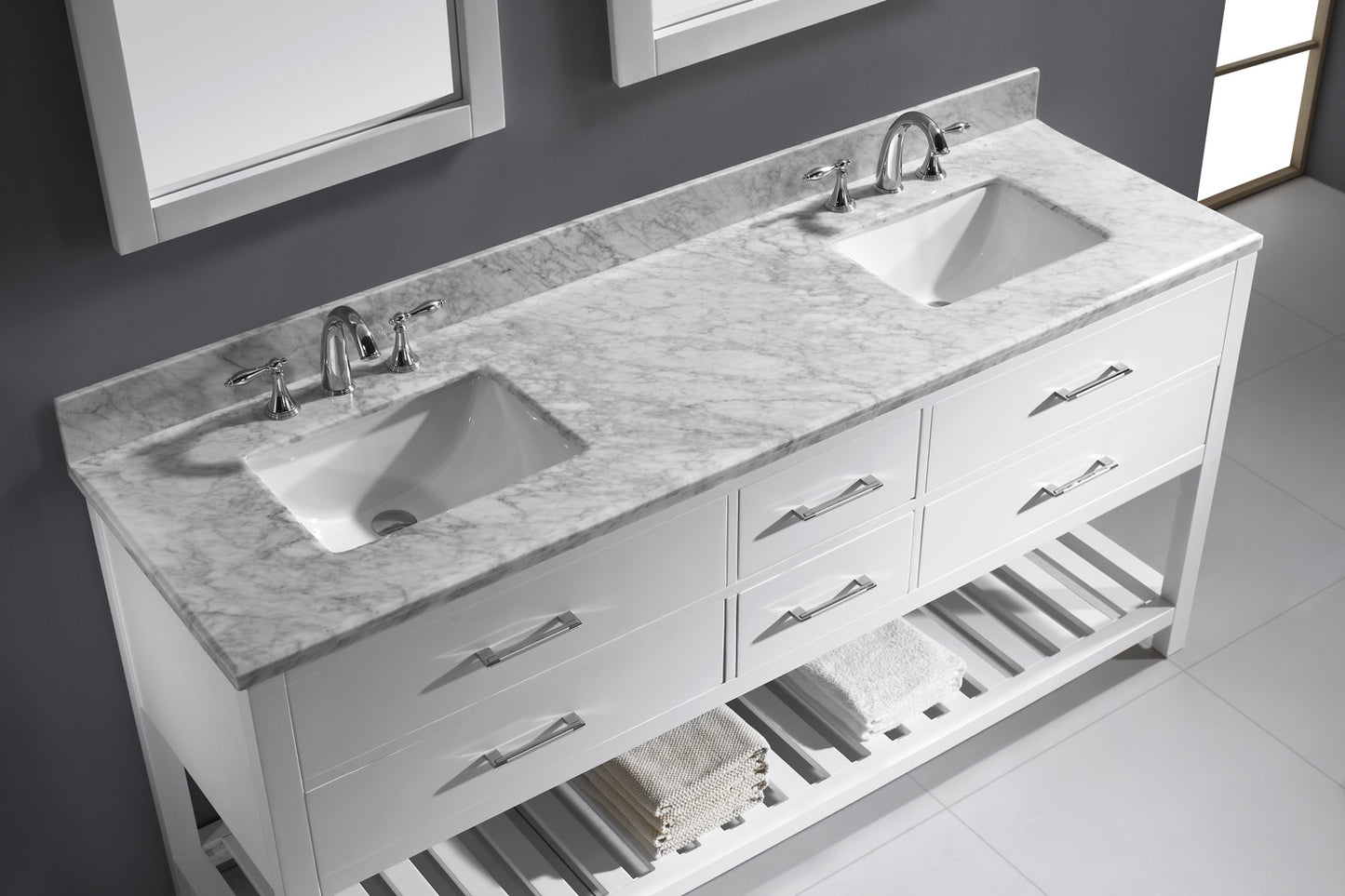 Virtu USA Caroline Estate 72" Double Bath Vanity with Marble Top and Square Sink with Polished Chrome Faucet and Mirrors - Luxe Bathroom Vanities Luxury Bathroom Fixtures Bathroom Furniture