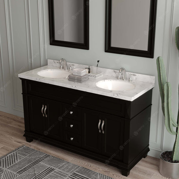 Virtu USA Victoria 60" Double Bath Vanity with White Quartz Top and Round Sinks with Matching Mirror - Luxe Bathroom Vanities