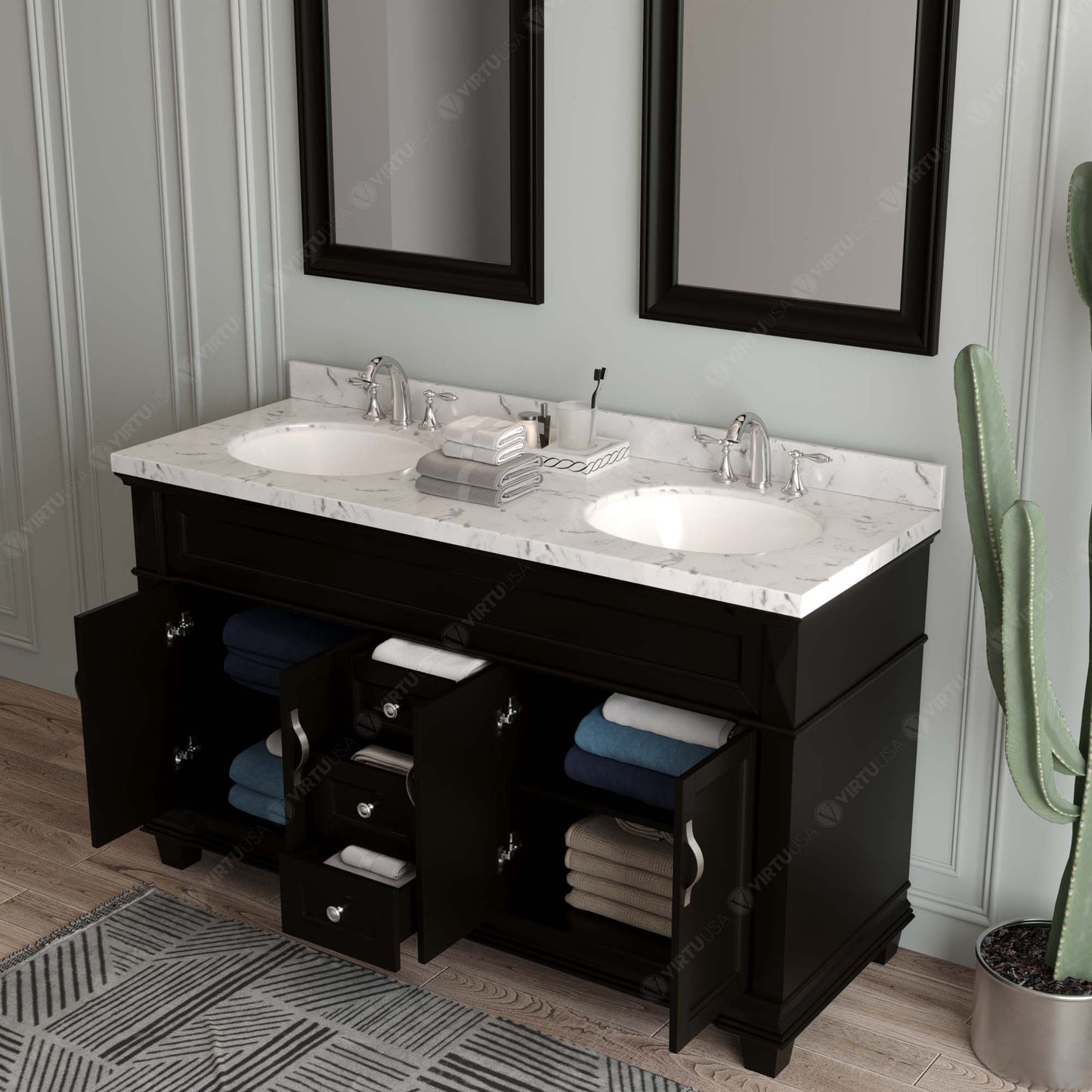 Virtu USA Victoria 60" Double Bath Vanity with White Quartz Top and Round Sinks with Matching Mirror - Luxe Bathroom Vanities