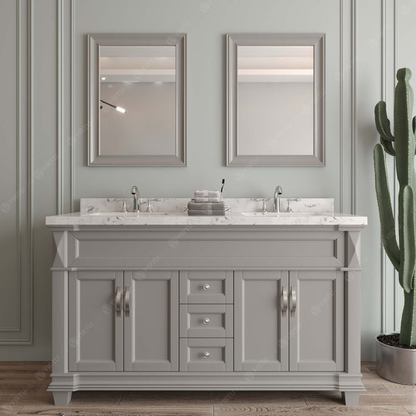 Virtu USA Victoria 60" Double Bath Vanity with White Quartz Top and Round Sinks with Matching Mirror - Luxe Bathroom Vanities