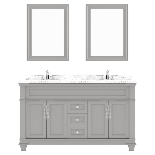 Virtu USA Victoria 60" Double Bath Vanity with White Quartz Top and Round Sinks with Polished Chrome Faucets with Matching Mirror - Luxe Bathroom Vanities