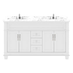 Virtu USA Victoria 60" Double Bath Vanity with White Quartz Top and Round Sinks with Brushed Nickel Faucets with Matching Mirror - Luxe Bathroom Vanities