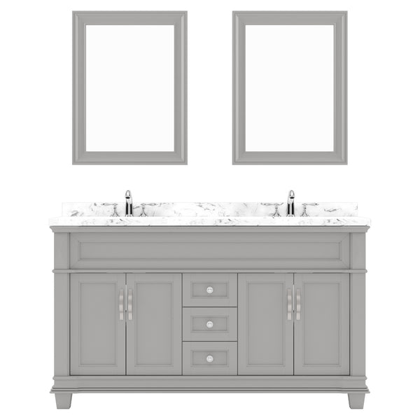 Virtu USA Victoria 60" Double Bath Vanity with Cultured White Quartz Top and Round Sinks with Polished Chrome Faucets with Matching Mirror - Luxe Bathroom Vanities