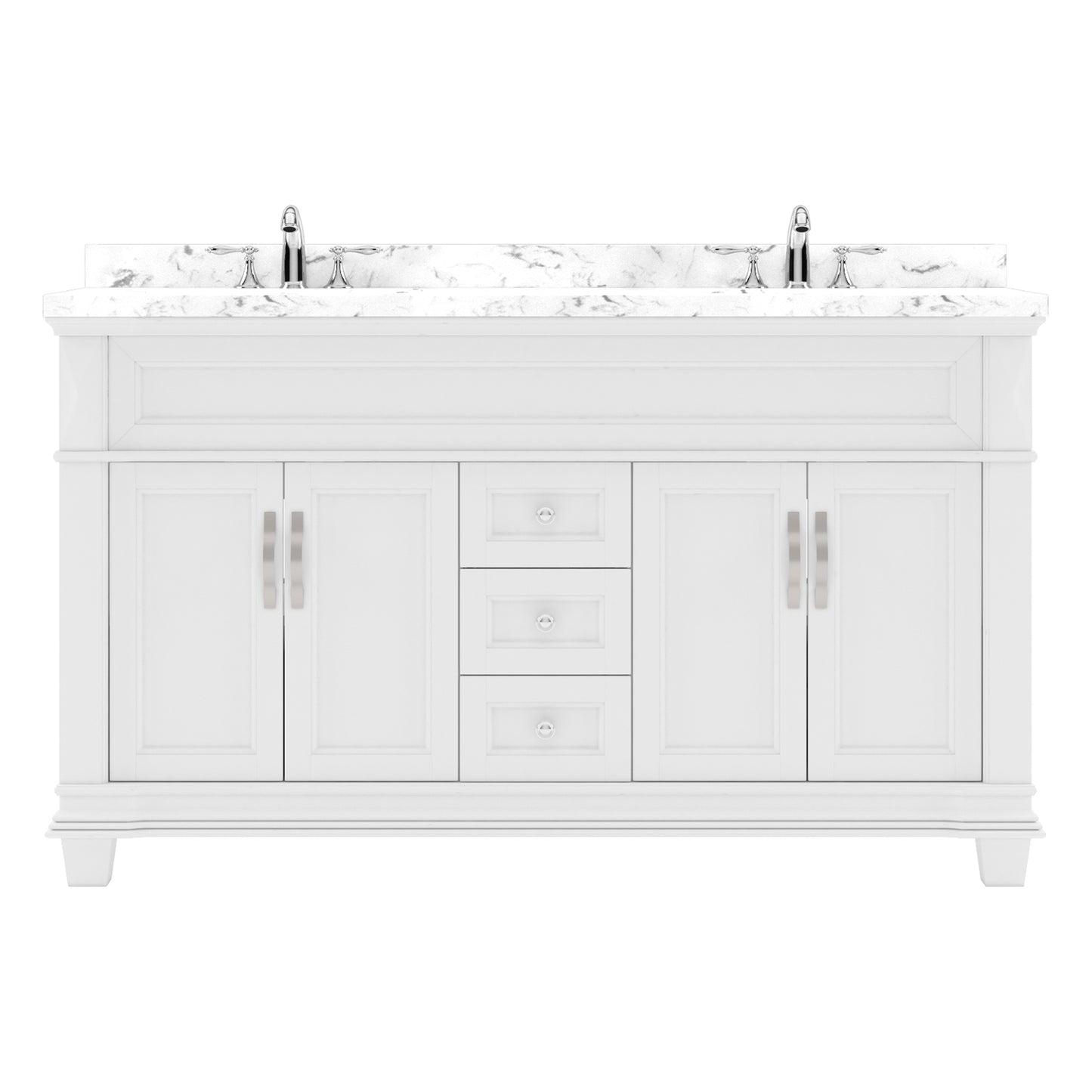 Virtu USA Victoria 60" Double Bath Vanity with Cultured White Quartz Top and Round Sinks with Polished Chrome Faucets with Matching Mirror - Luxe Bathroom Vanities