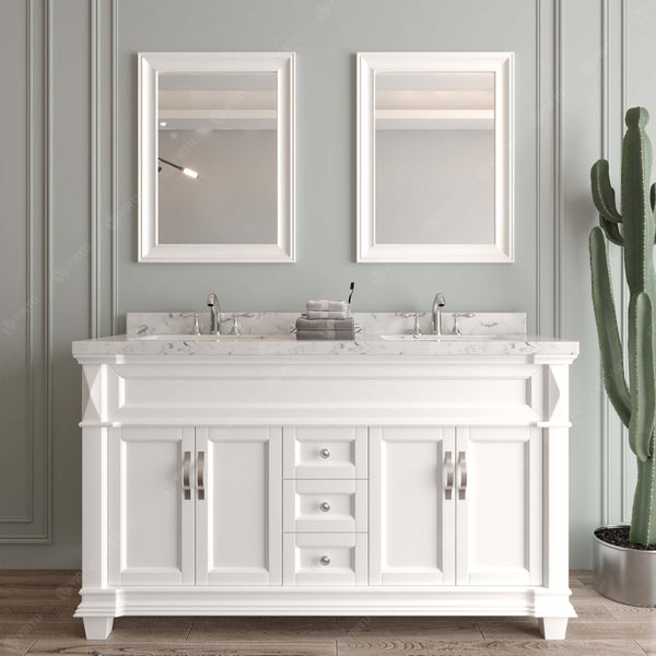 Virtu USA Victoria 60" Double Bath Vanity with Marble White Top and Round Sinks with Matching Mirror - Luxe Bathroom Vanities