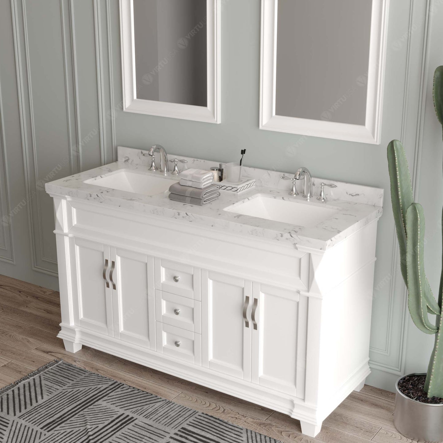 Virtu USA Victoria 60" Double Bath Vanity with Cultured Marble White Top and Round Sinks with Brushed Nickel Faucets with Matching Mirror - Luxe Bathroom Vanities