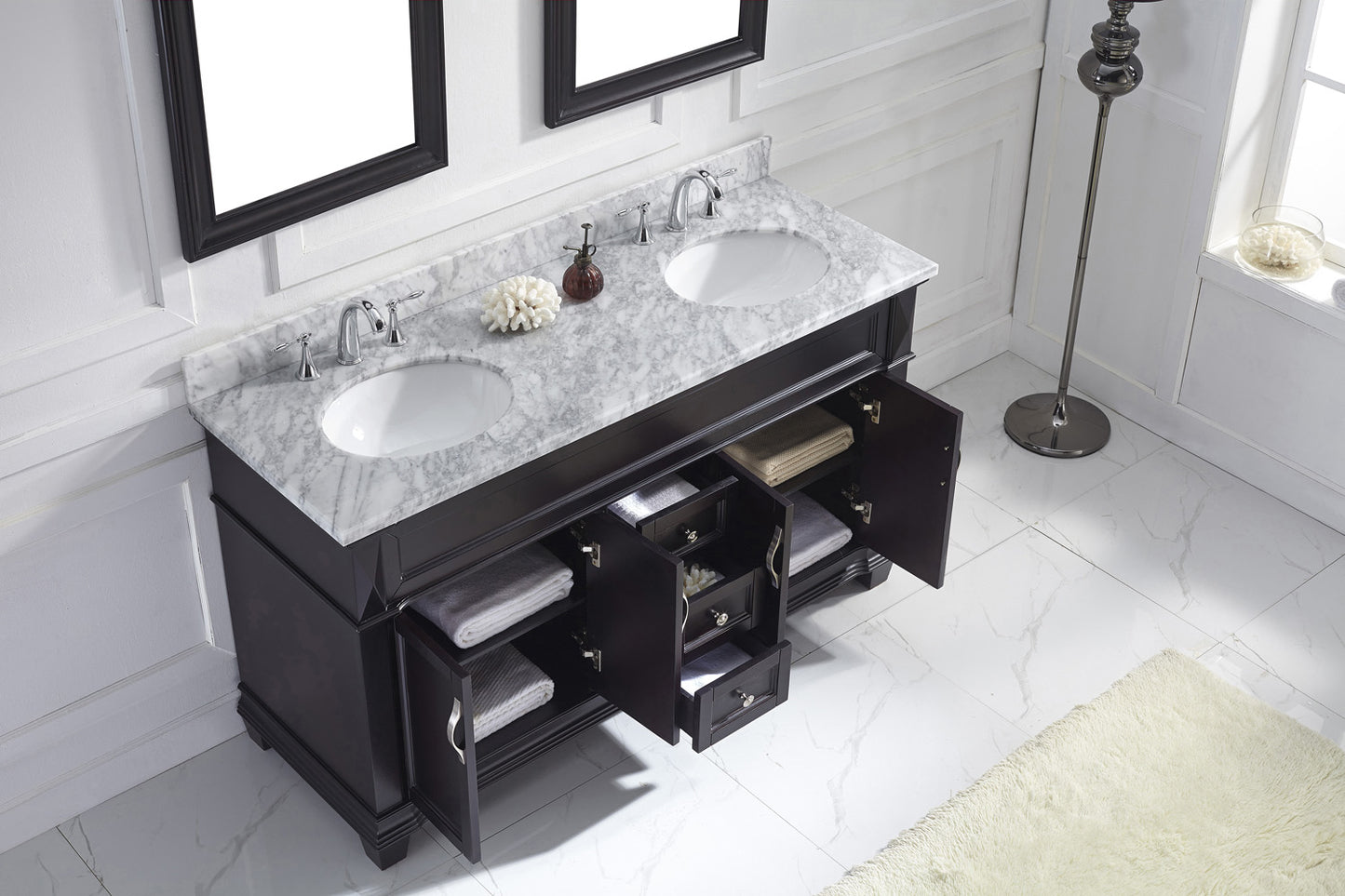 Virtu USA Victoria 60" Double Bath Vanity with Marble Top and Round Sink with Brushed Nickel Faucet and Mirrors - Luxe Bathroom Vanities Luxury Bathroom Fixtures Bathroom Furniture
