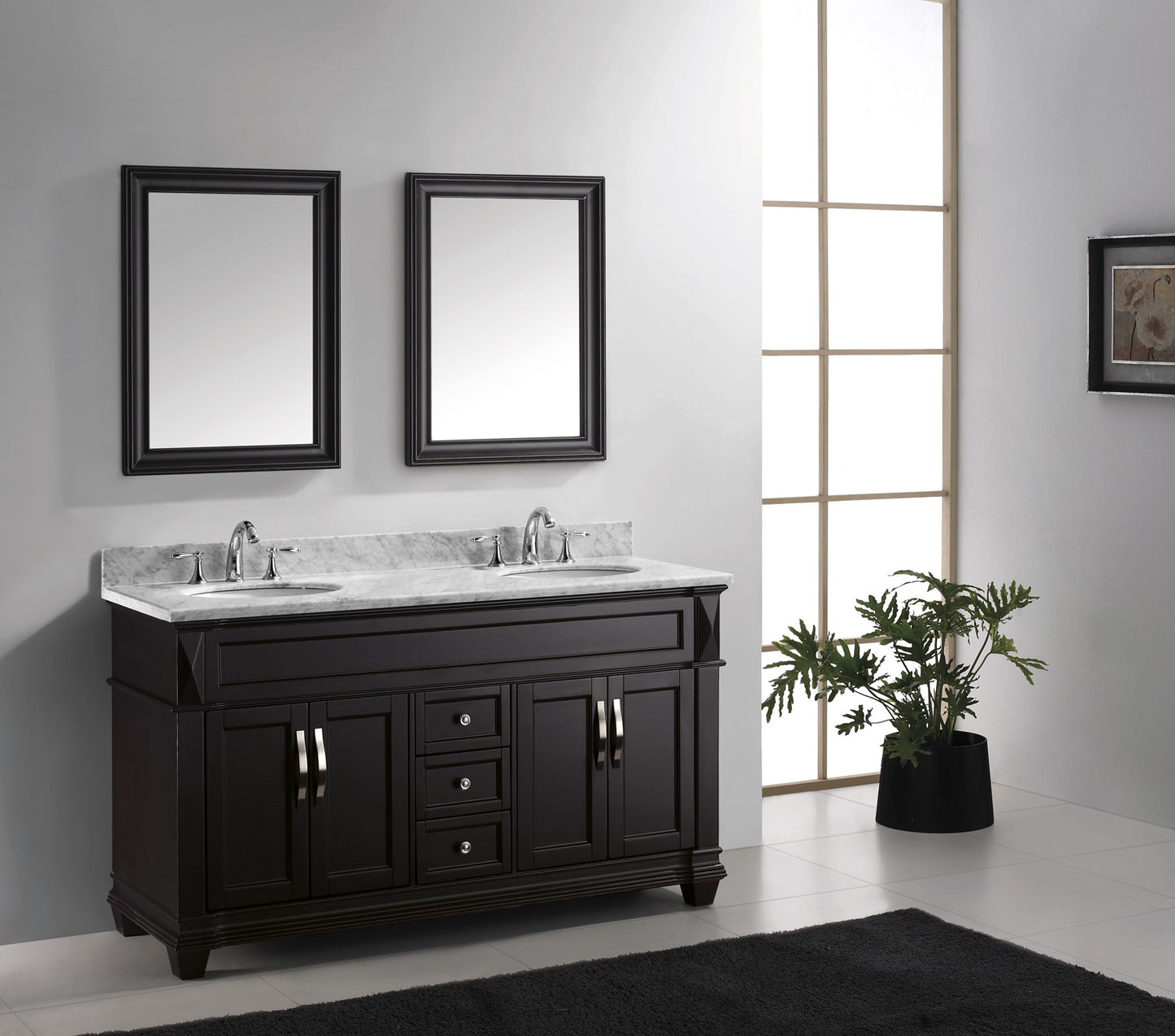 Virtu USA Victoria 60" Double Bath Vanity with Marble Top and Round Sink with Polished Chrome Faucet and Mirrors - Luxe Bathroom Vanities Luxury Bathroom Fixtures Bathroom Furniture