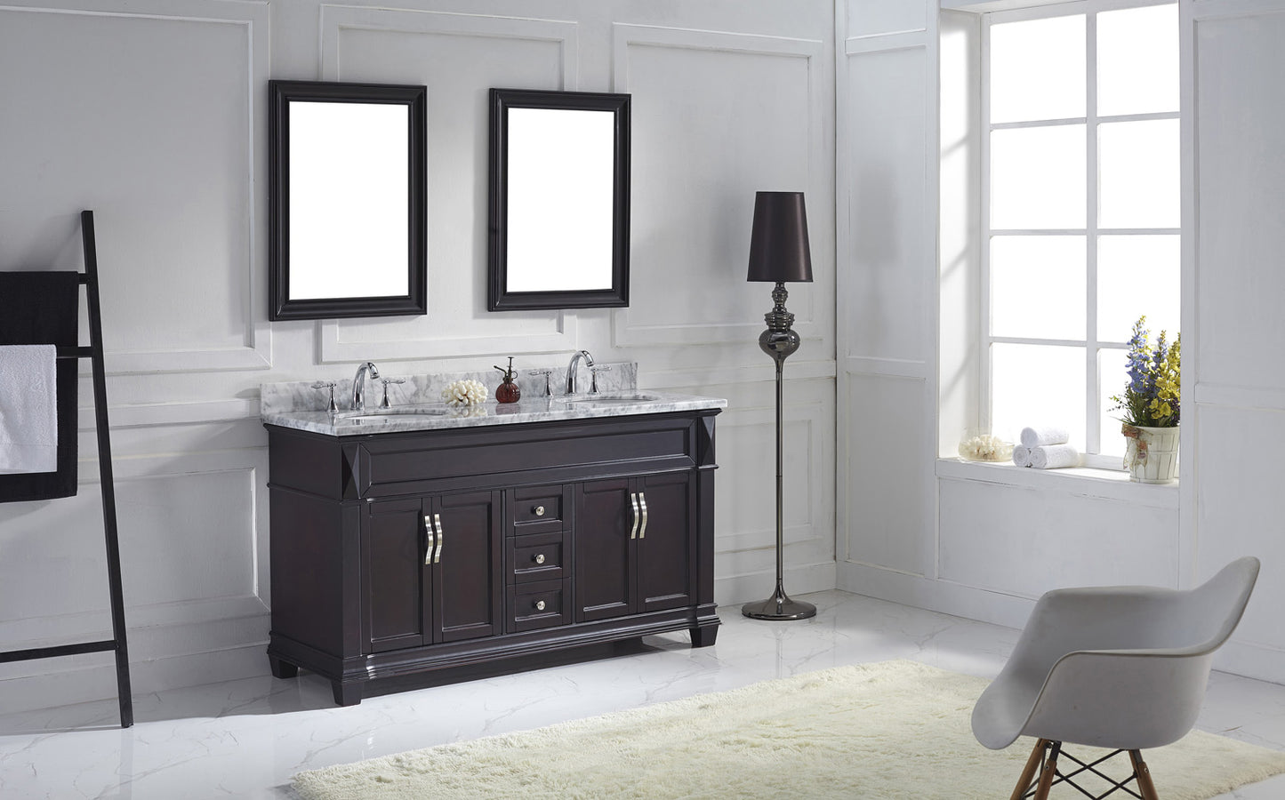 Virtu USA Victoria 60" Double Bath Vanity with Marble Top and Round Sink with Mirrors - Luxe Bathroom Vanities Luxury Bathroom Fixtures Bathroom Furniture