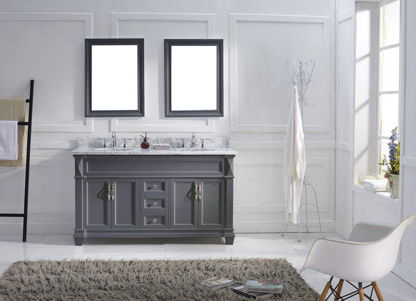 Virtu USA Victoria 60" Double Bath Vanity with Marble Top and Round Sink with Mirrors - Luxe Bathroom Vanities Luxury Bathroom Fixtures Bathroom Furniture