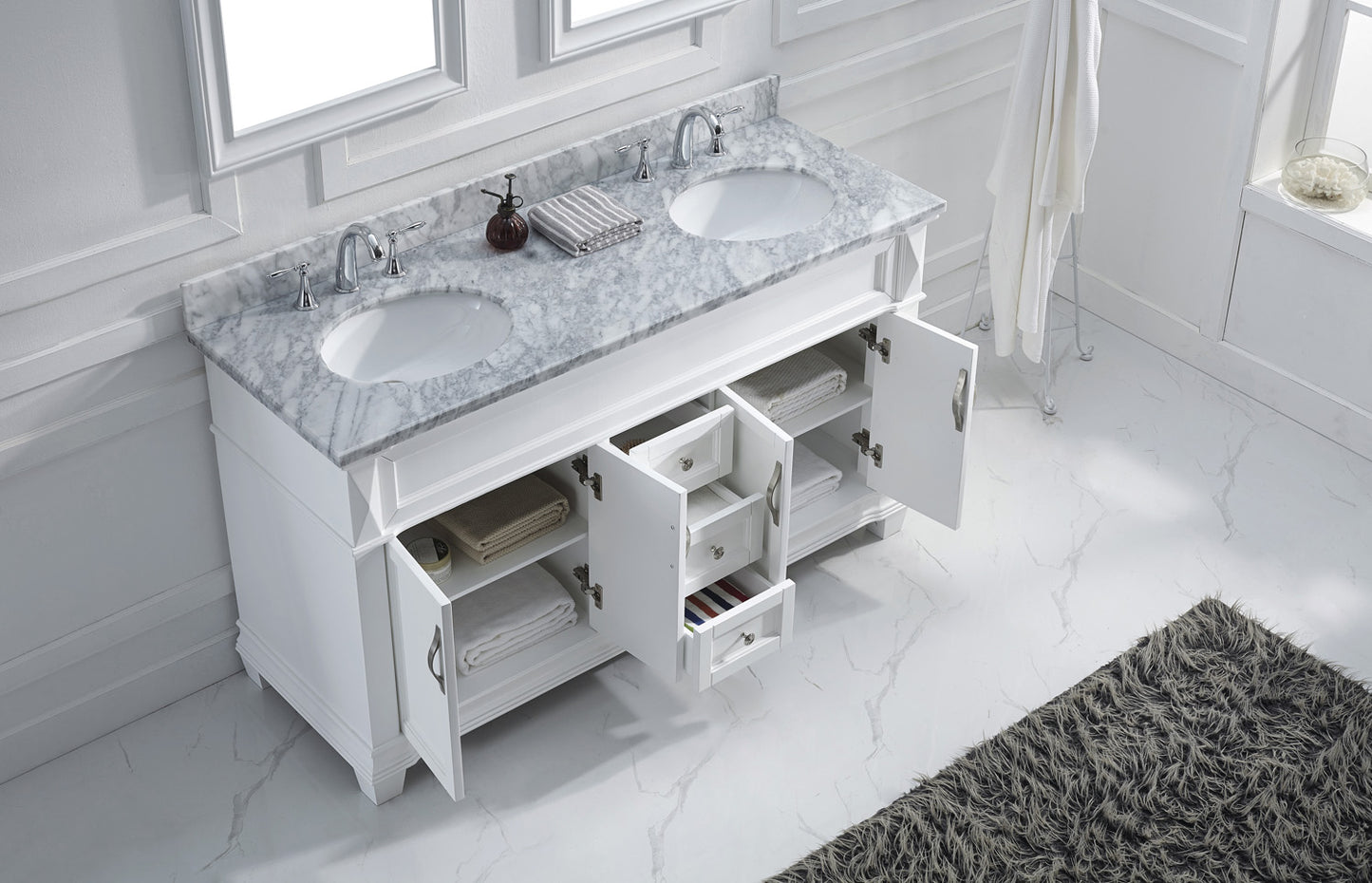 Virtu USA Victoria 60" Double Bath Vanity with Marble Top and Round Sink with Brushed Nickel Faucet and Mirrors - Luxe Bathroom Vanities Luxury Bathroom Fixtures Bathroom Furniture