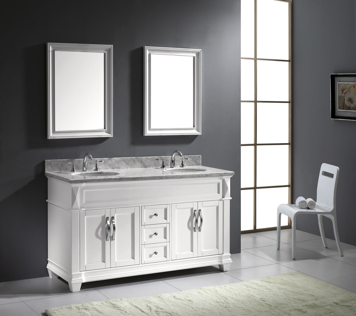 Virtu USA Victoria 60" Double Bath Vanity with Marble Top and Round Sink with Polished Chrome Faucet and Mirrors - Luxe Bathroom Vanities Luxury Bathroom Fixtures Bathroom Furniture