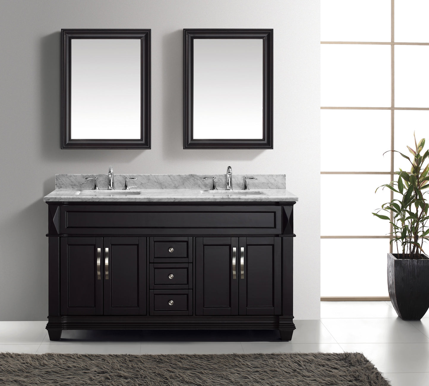 Virtu USA Victoria 60" Double Bath Vanity with Marble Top and Square Sink with Brushed Nickel Faucet and Mirrors - Luxe Bathroom Vanities Luxury Bathroom Fixtures Bathroom Furniture