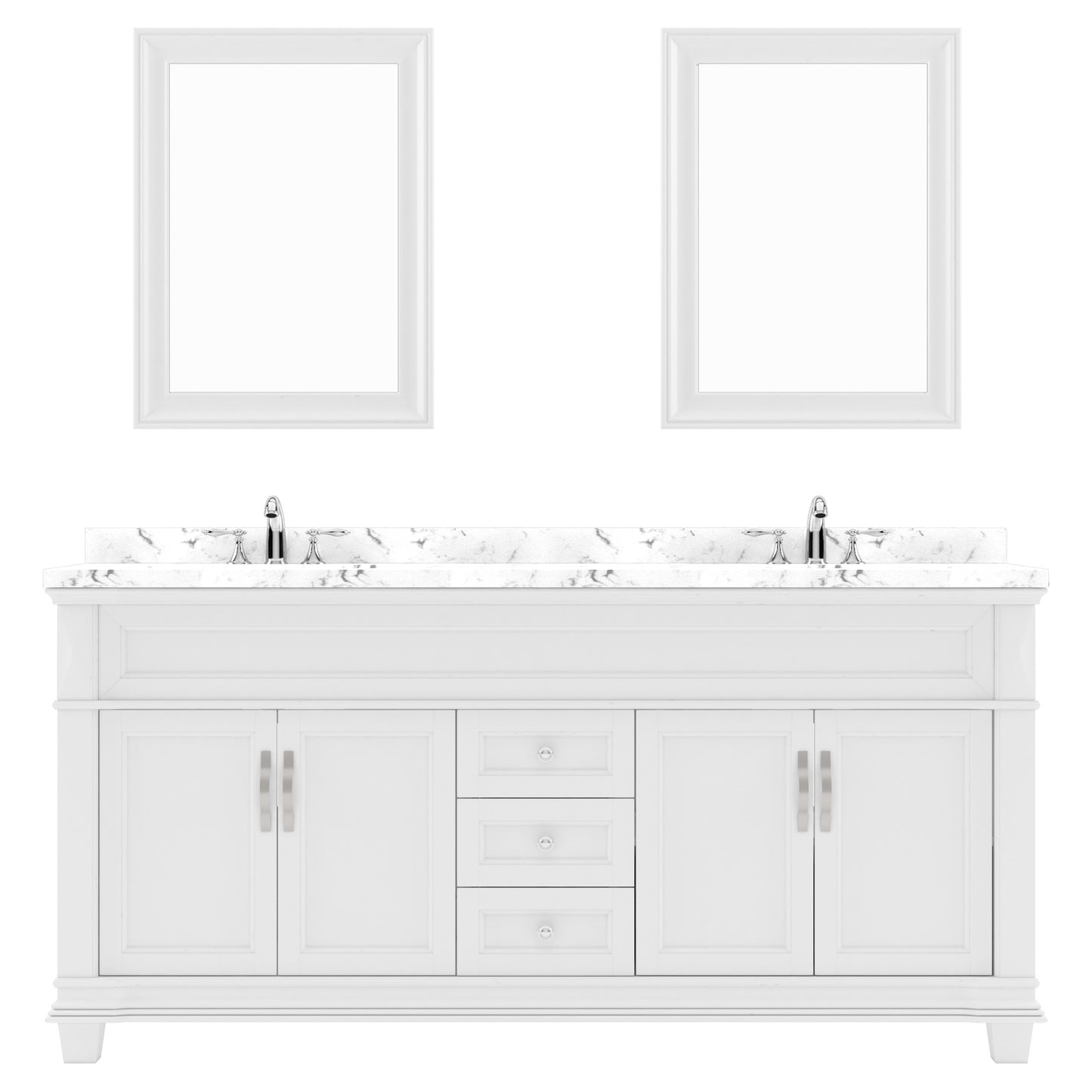 Virtu USA Victoria 72" Double Bath Vanity with Cultured Marble White Quartz Top and Round Sinks with Brushed Nickel Faucets with Matching Mirror - Luxe Bathroom Vanities