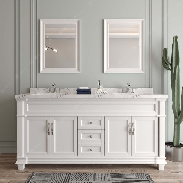 Virtu USA Victoria 72" Double Bath Vanity with Cultured Marble White Top and Square Sinks with Brushed Nickel Faucets with Matching Mirror - Luxe Bathroom Vanities