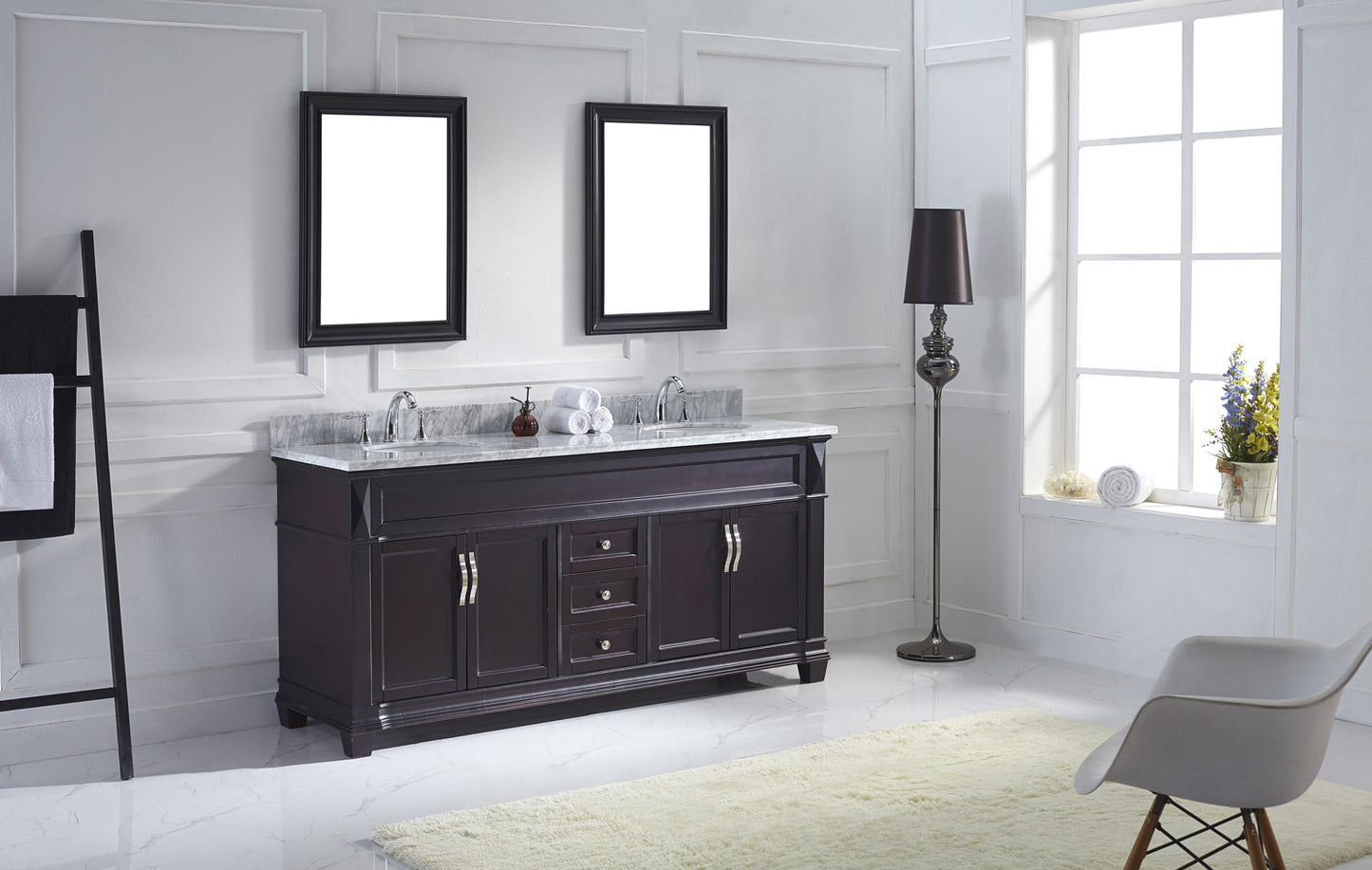 Virtu USA Victoria 72" Double Bath Vanity with Marble Top and Round Sink with Brushed Nickel Faucet and Mirrors - Luxe Bathroom Vanities Luxury Bathroom Fixtures Bathroom Furniture