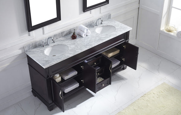 Virtu USA Victoria 72" Double Bath Vanity with Marble Top and Round Sink with Brushed Nickel Faucet and Mirrors - Luxe Bathroom Vanities Luxury Bathroom Fixtures Bathroom Furniture