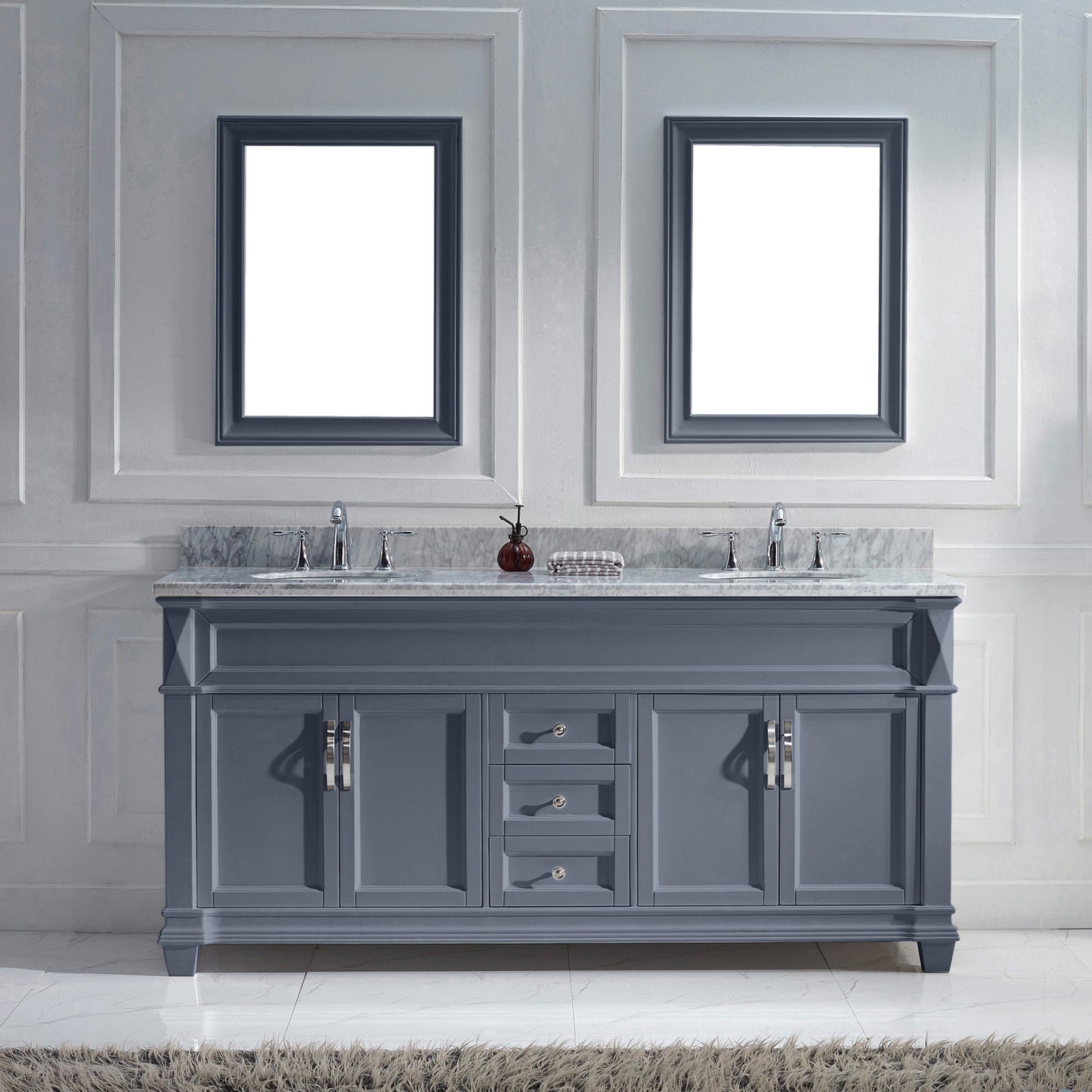 Virtu USA Victoria 72" Double Bath Vanity with Marble Top and Round Sink with Brushed Nickel Faucet and Mirrors - Luxe Bathroom Vanities Luxury Bathroom Fixtures Bathroom Furniture