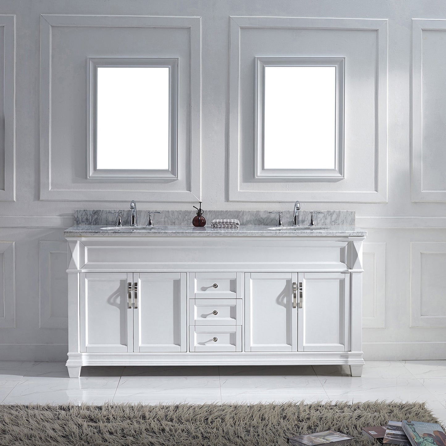 Virtu USA Victoria 72" Double Bath Vanity with Marble Top and Round Sink with Brushed Nickel Faucet and Mirrors - Luxe Bathroom Vanities Luxury Bathroom Fixtures Bathroom Furniture