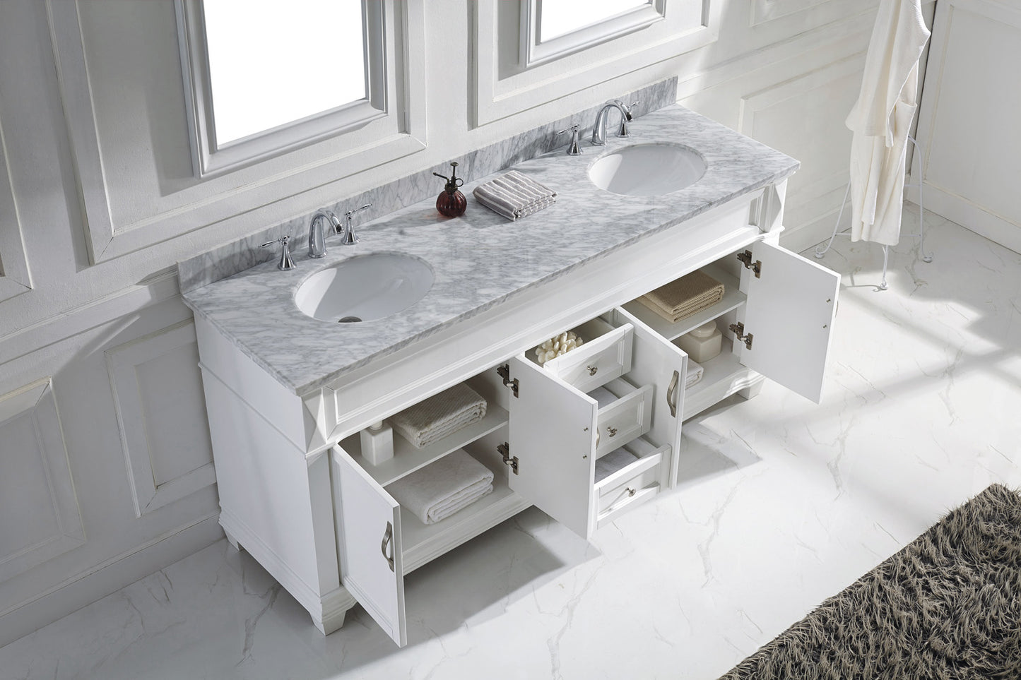 Virtu USA Victoria 72" Double Bath Vanity with Marble Top and Round Sink with Brushed Nickel Faucet and Mirrors - Luxe Bathroom Vanities Luxury Bathroom Fixtures Bathroom Furniture