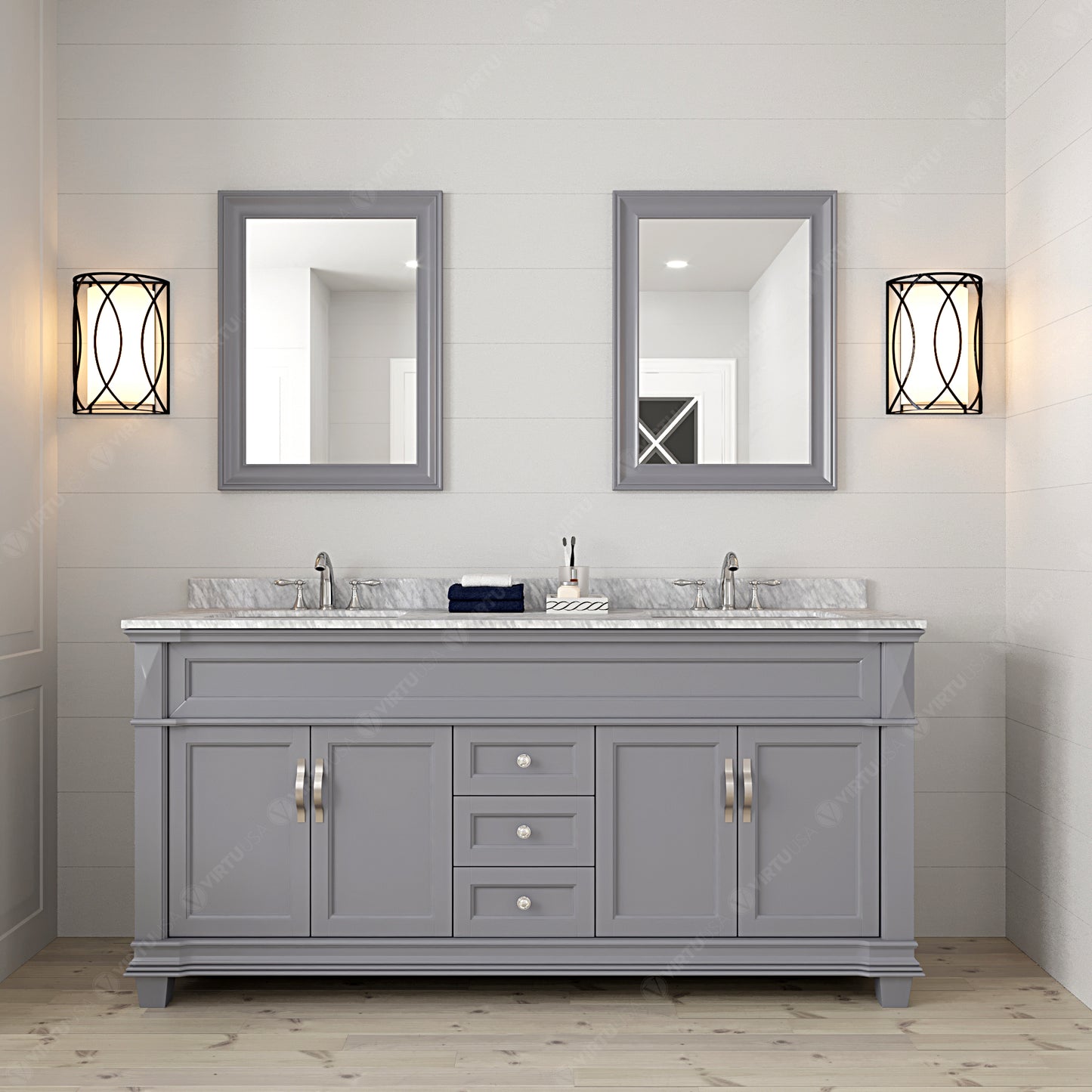 Virtu USA Victoria 72" Double Bath Vanity with Marble Top and Square Sink with Mirrors - Luxe Bathroom Vanities
