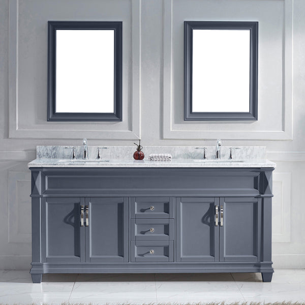Virtu USA Victoria 72" Double Bath Vanity in White with White Marble Top and Square Sinks with Polished Chrome Faucets with Matching Mirror - Luxe Bathroom Vanities