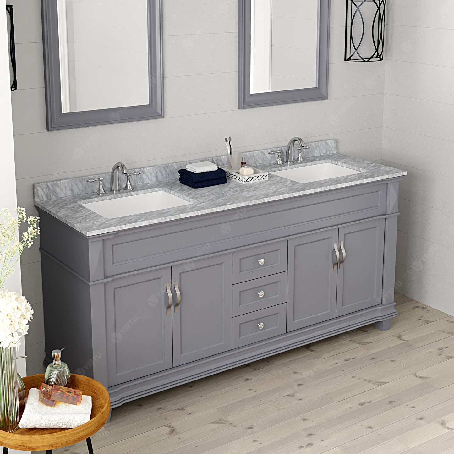 Virtu USA Victoria 72" Double Bath Vanity with White Marble Top and Square Sinks with Brushed Nickel Faucets with Matching Mirror - Luxe Bathroom Vanities