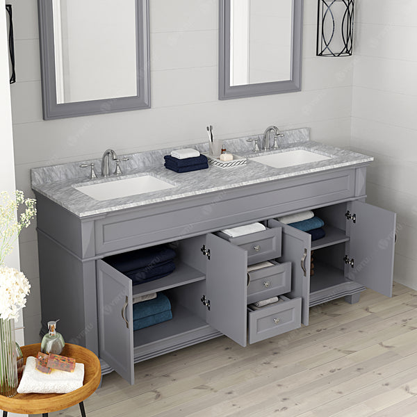 Virtu USA Victoria 72" Double Bath Vanity with Marble Top and Square Sink with Mirrors - Luxe Bathroom Vanities