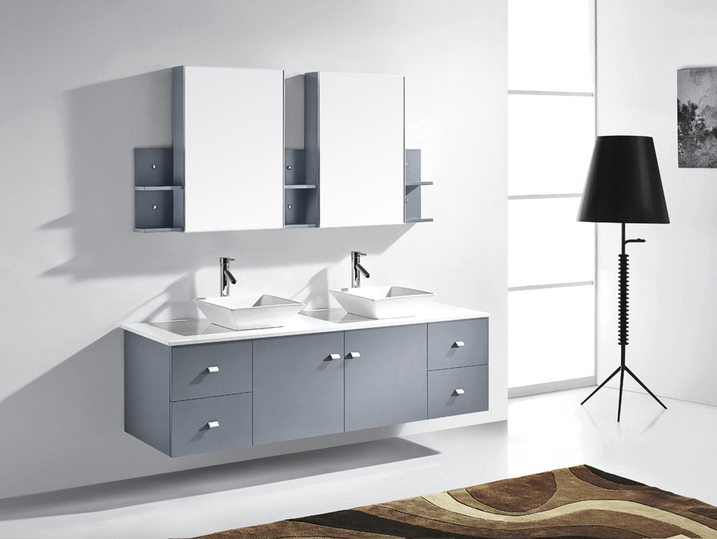 Virtu USA Clarissa 72" Double Bath Vanity with White Engineered Stone Top and Square Sink with Polished Chrome Faucet and Mirrors - Luxe Bathroom Vanities Luxury Bathroom Fixtures Bathroom Furniture