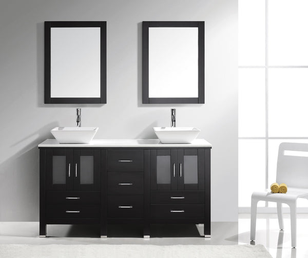 Virtu USA Bradford 60" Double Bath Vanity with White Engineered Stone Top and Square Sink with Brushed Nickel Faucet and Mirrors - Luxe Bathroom Vanities Luxury Bathroom Fixtures Bathroom Furniture