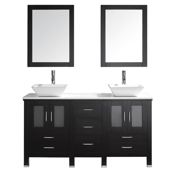 Virtu USA Bradford 60" Double Bath Vanity with White Engineered Stone Top and Square Sink with Brushed Nickel Faucet and Mirrors - Luxe Bathroom Vanities Luxury Bathroom Fixtures Bathroom Furniture