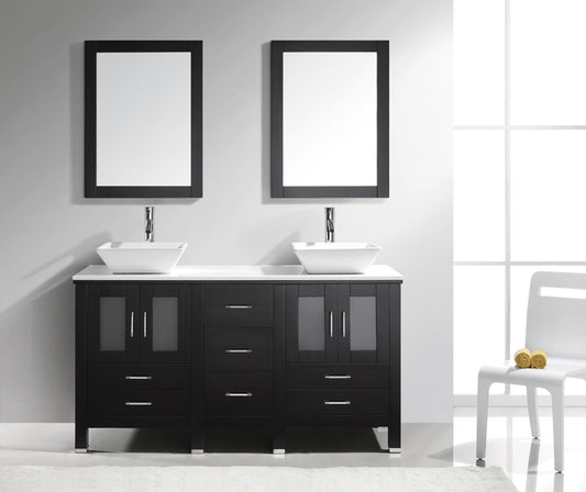 Virtu USA Bradford 60" Double Bath Vanity with White Engineered Stone Top and Square Sink with Polished Chrome Faucet and Mirrors - Luxe Bathroom Vanities Luxury Bathroom Fixtures Bathroom Furniture