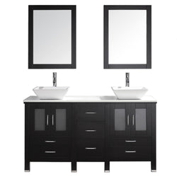Virtu USA Bradford 60" Double Bath Vanity with White Engineered Stone Top and Square Sink with Polished Chrome Faucet and Mirrors - Luxe Bathroom Vanities Luxury Bathroom Fixtures Bathroom Furniture
