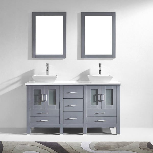 Virtu USA Bradford 60" Double Bath Vanity with White Engineered Stone Top and Square Sink with Brushed Nickel Faucet and Mirrors - Luxe Bathroom Vanities Luxury Bathroom Fixtures Bathroom Furniture