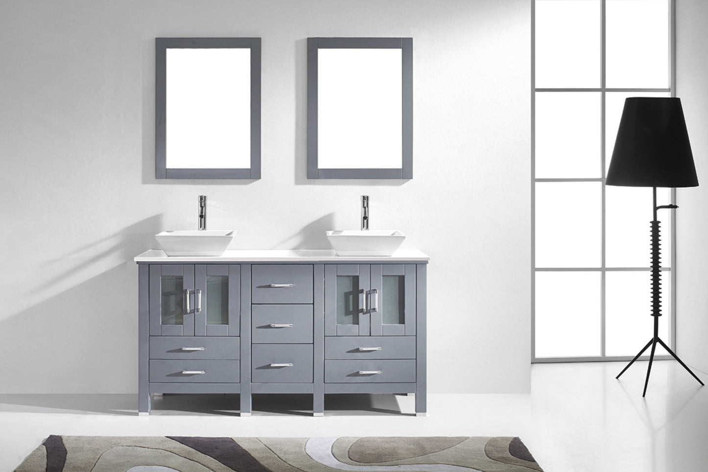 Virtu USA Bradford 60" Double Bath Vanity with White Engineered Stone Top and Square Sink with Brushed Nickel Faucet and Mirrors - Luxe Bathroom Vanities Luxury Bathroom Fixtures Bathroom Furniture