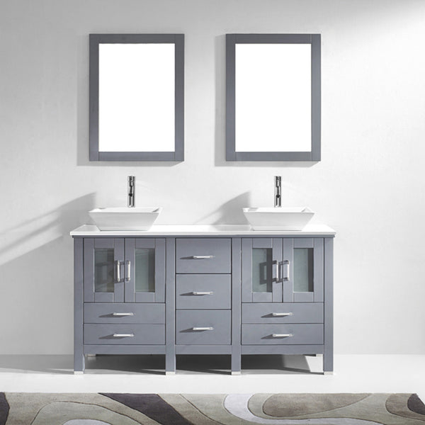 Virtu USA Bradford 60" Double Bath Vanity with White Engineered Stone Top and Square Sink with Polished Chrome Faucet and Mirrors - Luxe Bathroom Vanities Luxury Bathroom Fixtures Bathroom Furniture