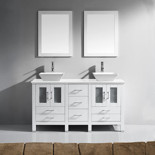 Virtu USA Bradford 60" Double Bath Vanity in White with White Engineered Stone Top and Square Sink with Brushed Nickel Faucet - Luxe Bathroom Vanities Luxury Bathroom Fixtures Bathroom Furniture