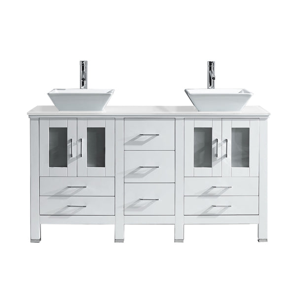 Virtu USA Bradford 60" Double Bath Vanity in White with White Engineered Stone Top and Square Sink with Brushed Nickel Faucet - Luxe Bathroom Vanities Luxury Bathroom Fixtures Bathroom Furniture