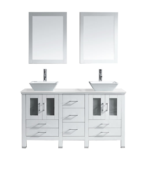 Virtu USA Bradford 60" Double Bath Vanity in White with White Engineered Stone Top and Square Sink with Brushed Nickel Faucet and Mirrors - Luxe Bathroom Vanities Luxury Bathroom Fixtures Bathroom Furniture