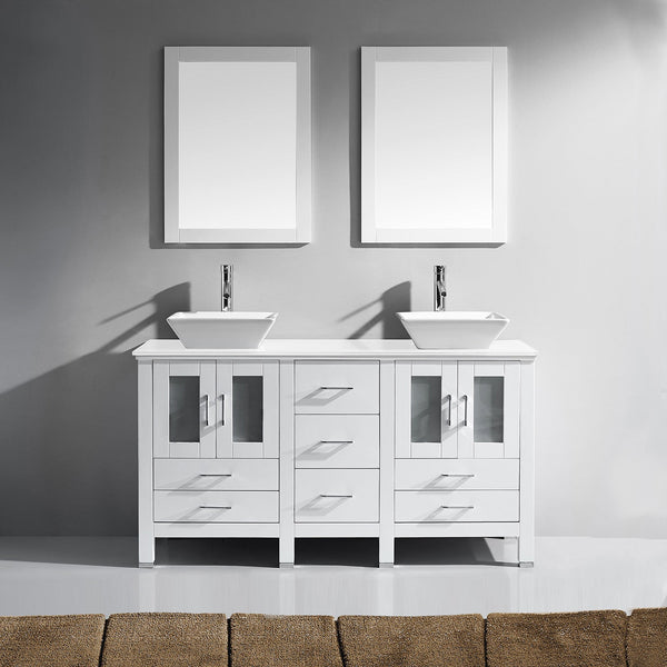 Virtu USA Bradford 60" Double Bath Vanity in White with White Engineered Stone Top and Square Sinks with Matching Mirror - Luxe Bathroom Vanities