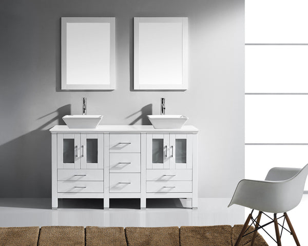 Virtu USA Bradford 60" Double Bath Vanity in White with White Engineered Stone Top and Square Sinks with Matching Mirror - Luxe Bathroom Vanities